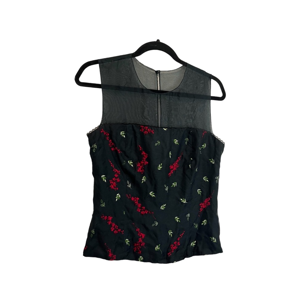 Rimini 100% Silk Black Floral Embroidered Sheer Sleeveless Keyhole Top Womens 10